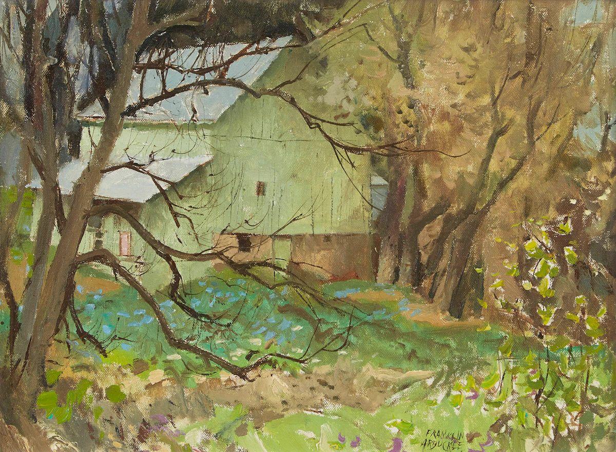 George Franklin Arbuckle, Green Barn, Hawkesville, Ontario, oil on board, 1979