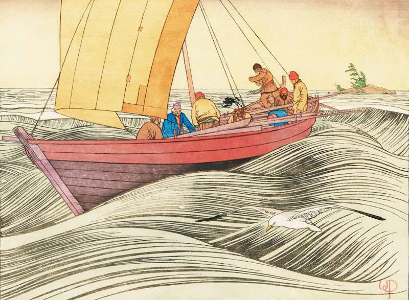 Walter Joseph Phillips, York Boat on Lake Winnipeg, colour woodcut, 1930 - view 1