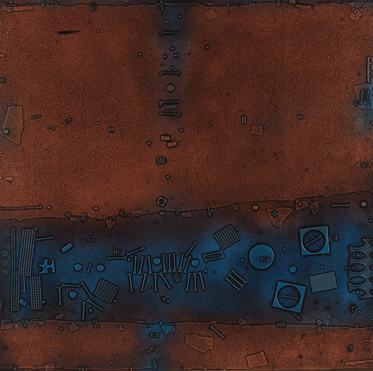 Jacques Godefroy de Tonnancour, Échos et vestiges de l’âge de bronze #7, mixed media on board, 1975