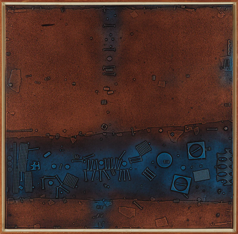 Jacques Godefroy de Tonnancour, Échos et vestiges de l’âge de bronze #7, mixed media on board, 1975 - view 2