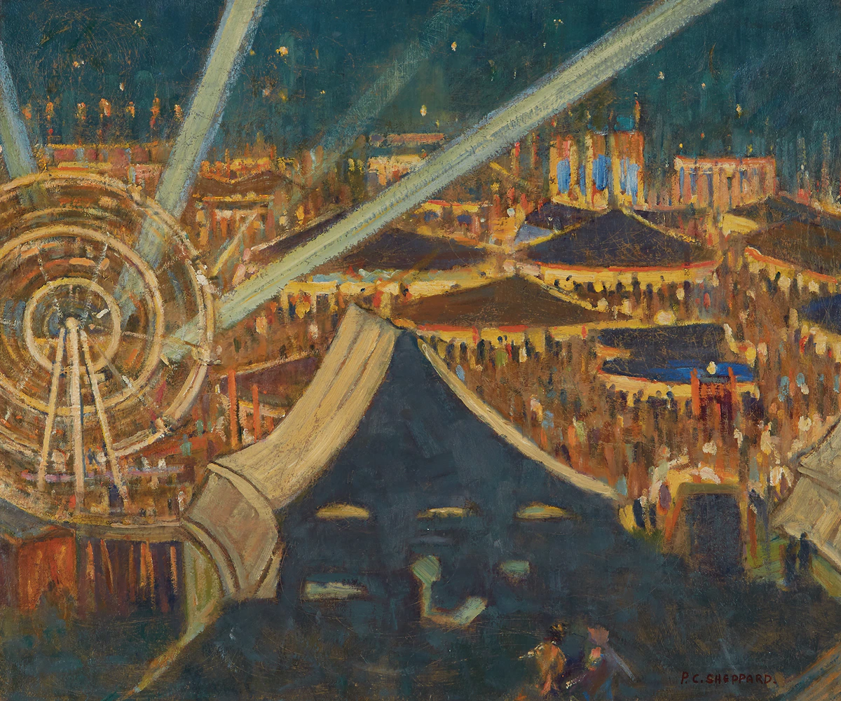 Peter Clapham Sheppard, Fair For Britain (Night Scene, Riverdale Park, Toronto, 1942-43), oil on board, 1942