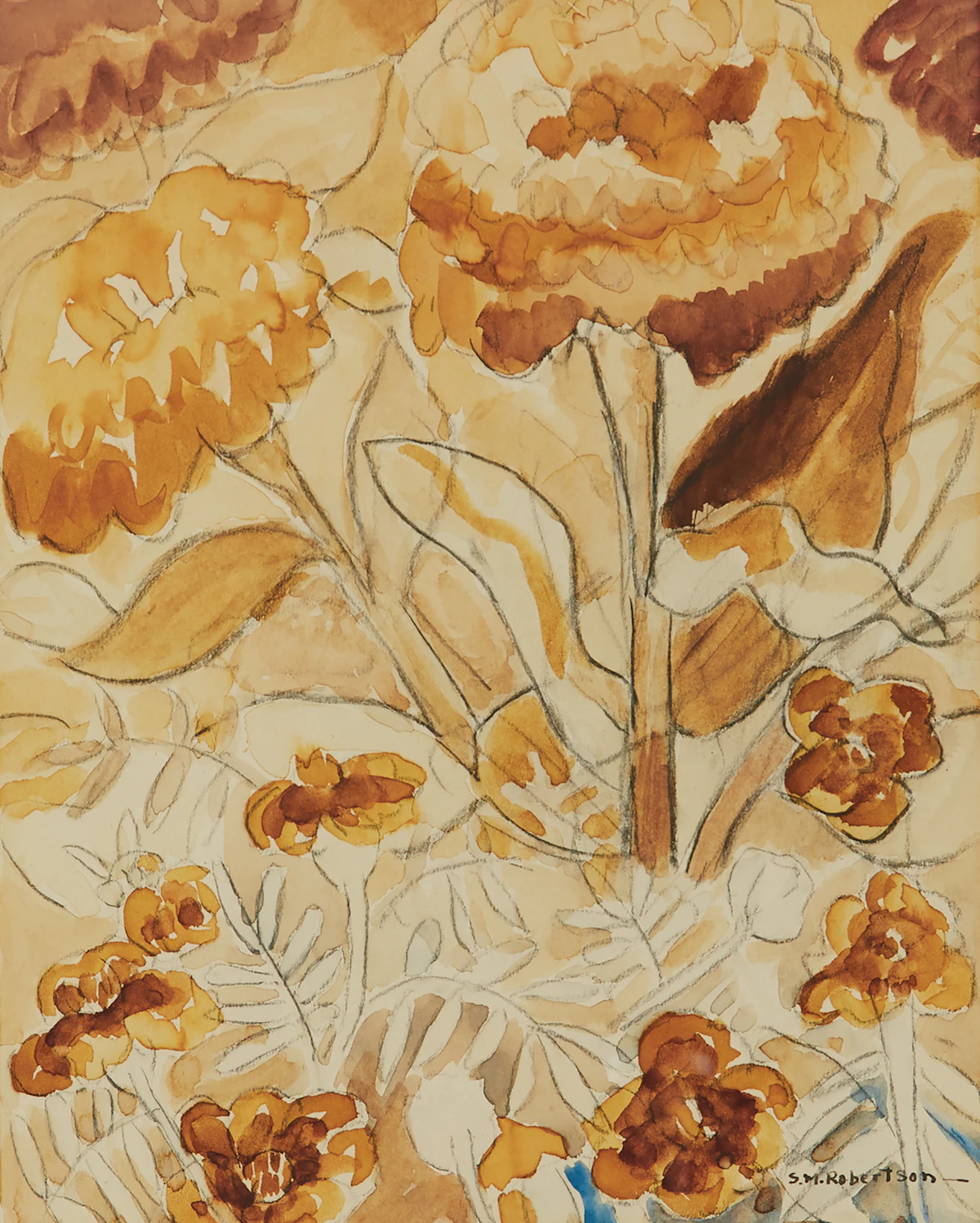 Sarah Margaret Robertson, Floral Study in Orange, watercolour and graphite