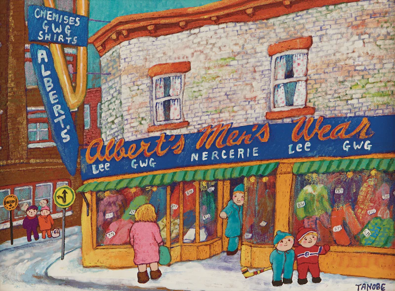 Miyuki Tanobe, Coin de rue, Mont Royal & De la Roche, Mtl, oil on board, 1977 - view 1