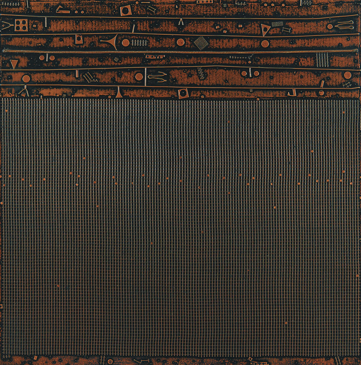 Jacques Godefroy de Tonnancour, Échos et vestiges de l’âge de bronze #9, mixed media on board, 1975