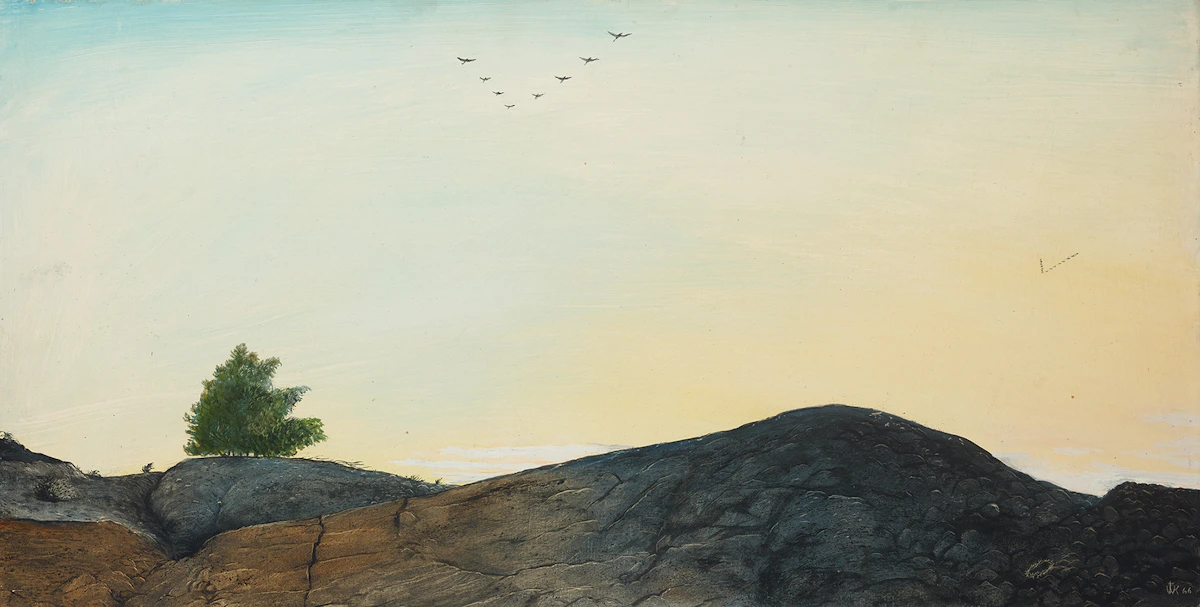 William Kurelek, Geese Flying South, Coniston, Ontario, mixed media on board, 1966