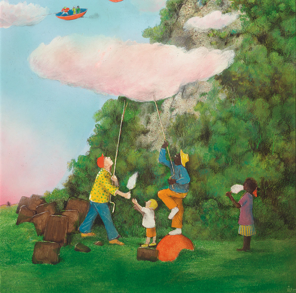 William Kurelek, Candy Floss Clouds, oil on board, 1977