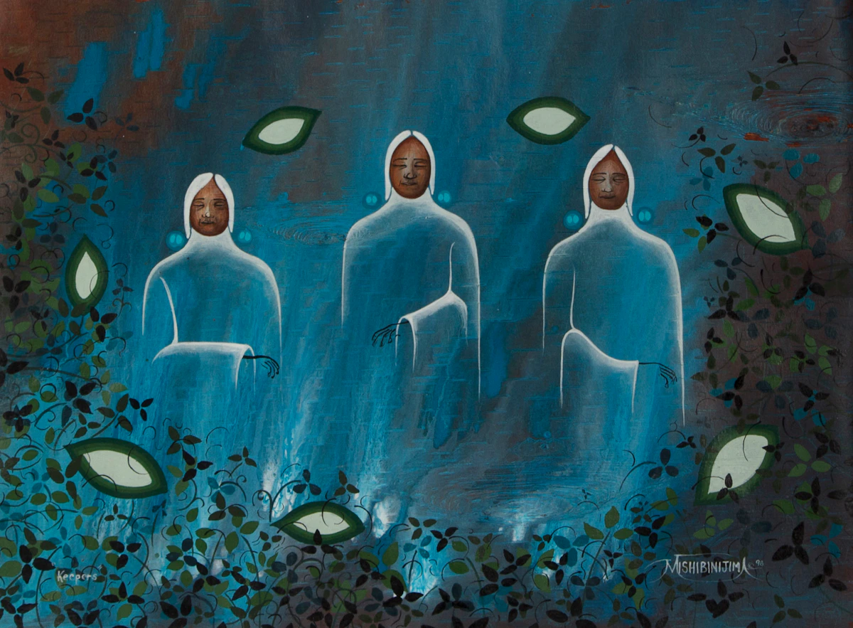 James Mishibinijima Simon, Keepers, acrylic on birch bark (on card), 1998