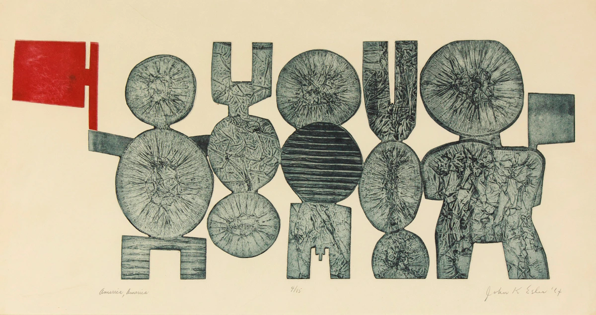 John Esler, America, America, colour etching, 1964