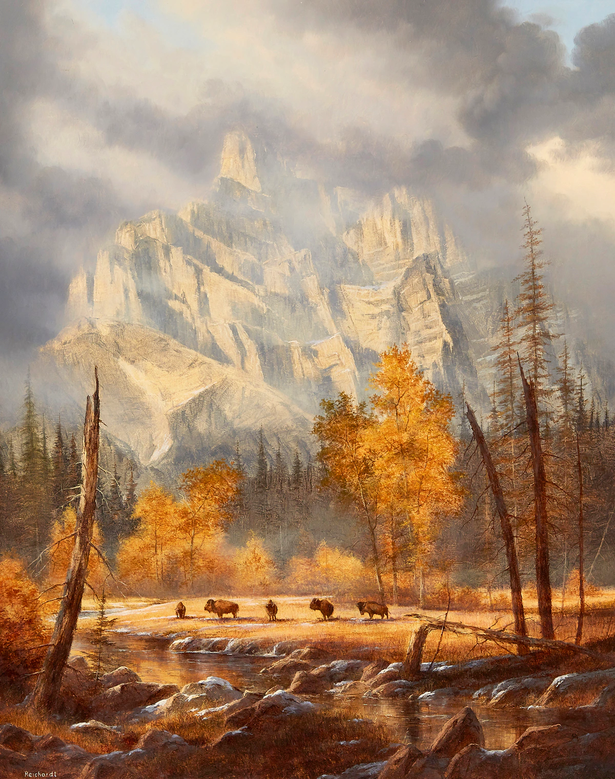 Rudi Reichardt, Buffalo in the Mountains, oil on board