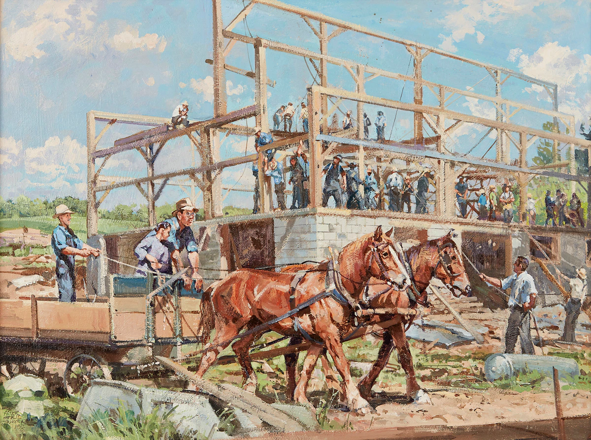 Peter Etril Snyder, The Barn Raising, oil on board, 1987