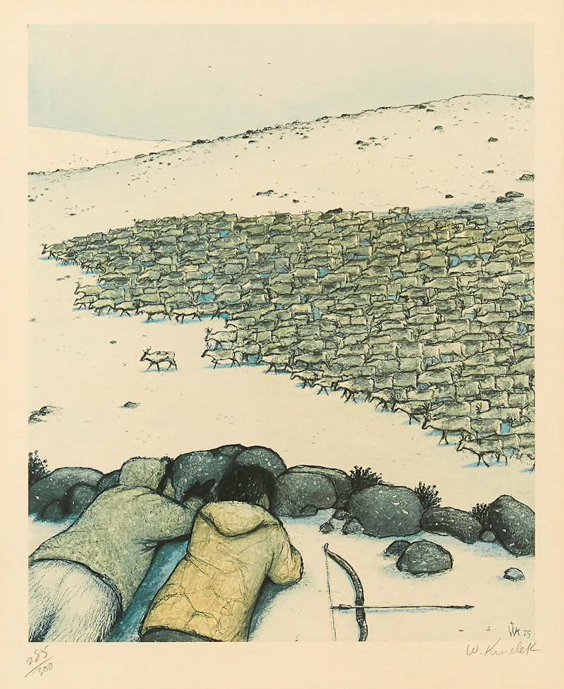 William Kurelek, Stalking Migrating Caribou; Sky Tossing; Hunter at Breathing Hole; Story Telling