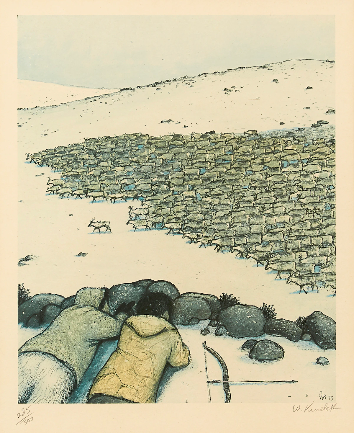 William Kurelek, Stalking Migrating Caribou; Sky Tossing; Hunter at Breathing Hole; Story Telling, colour lithographs, 1975