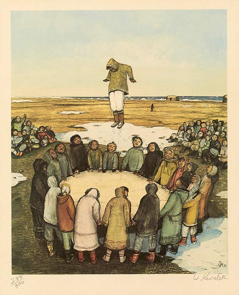 William Kurelek, Stalking Migrating Caribou; Sky Tossing; Hunter at Breathing Hole; Story Telling, colour lithographs, 1975 - view 3