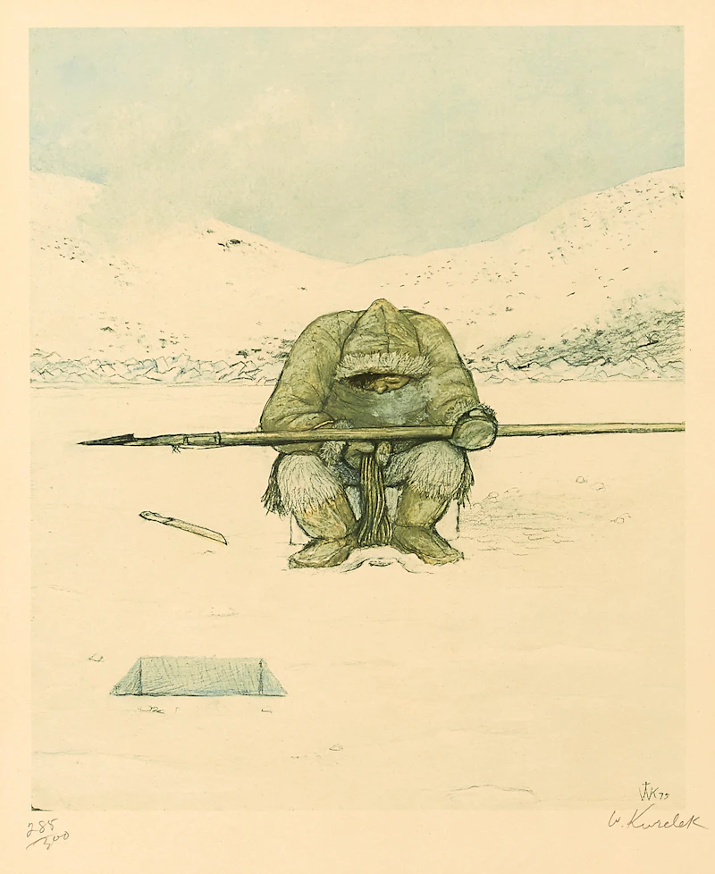 William Kurelek, Stalking Migrating Caribou; Sky Tossing; Hunter at Breathing Hole; Story Telling, colour lithographs, 1975 - view 6