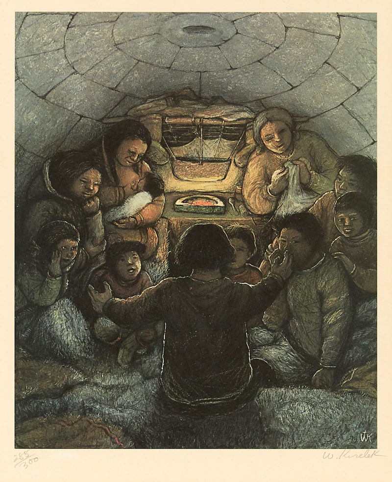 William Kurelek, Stalking Migrating Caribou; Sky Tossing; Hunter at Breathing Hole; Story Telling, colour lithographs, 1975 - view 8