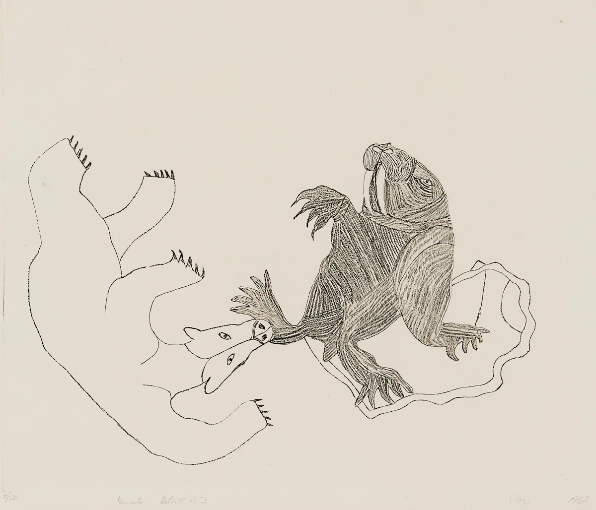 Kiawak Ashoona, Bear Attacking Walrus, engraving, 1963