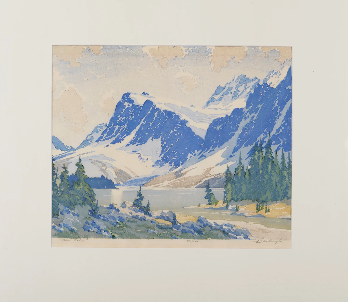 Barbara Harvey Leighton, Bow Lake , woodcut in colours