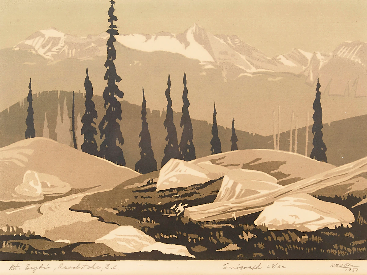 George Weber, Mt. Baglie, Revelstoke, BC, serigraph in colours, 1957