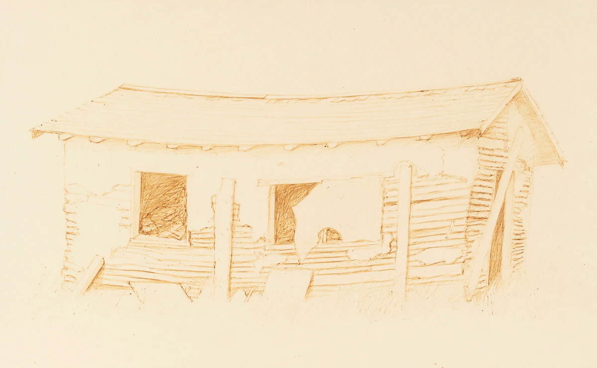 William Kurelek, Abandoned Pioneer Chicken Coop, ink drawing, 1972