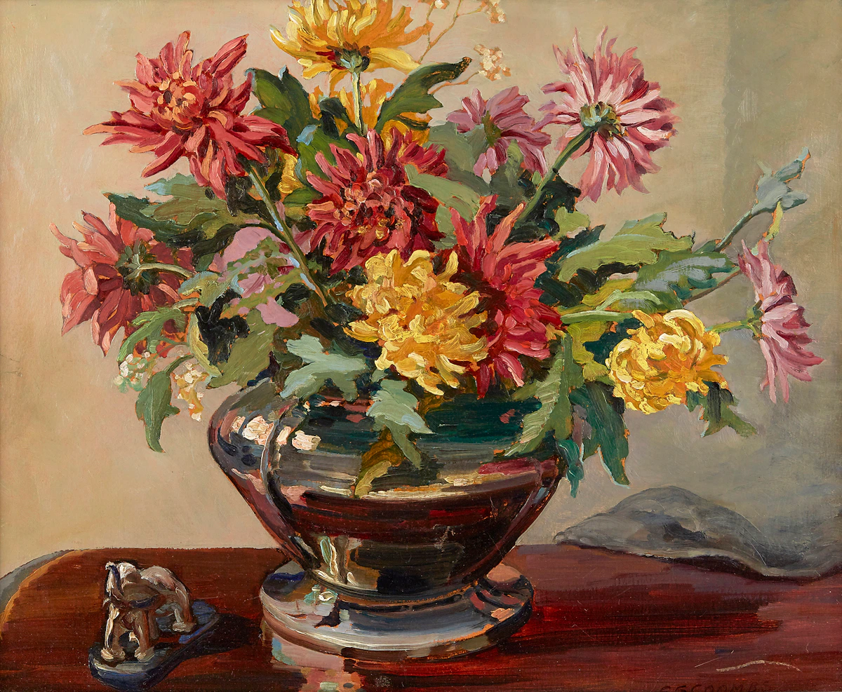 Edith Grace Coombs, Chrysanthemums, oil on board, 1934