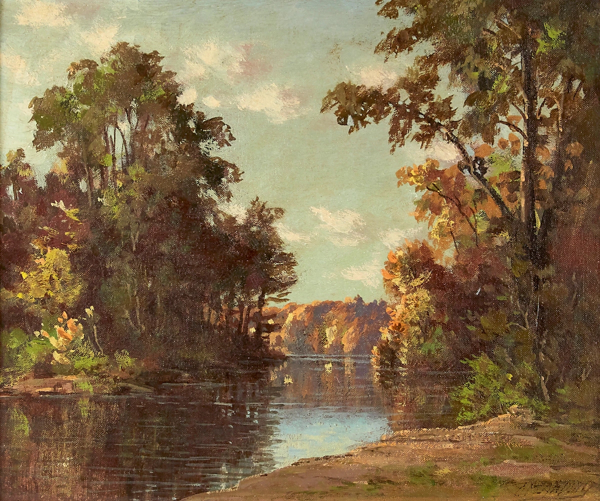 Otto Planding, River Landscape, oil on canvas board