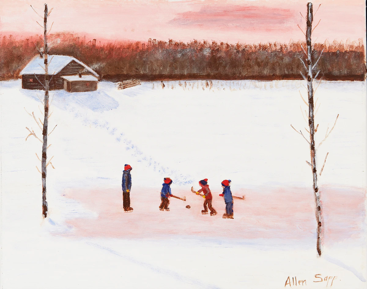 Allen Sapp, Playing Hockey, acrylic on canvas