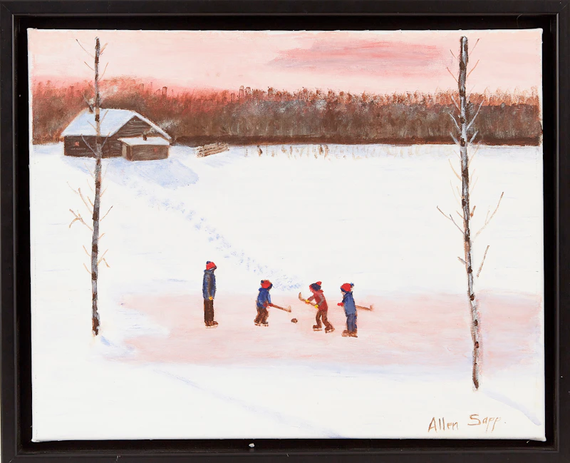 Allen Sapp, Playing Hockey, acrylic on canvas - view 2