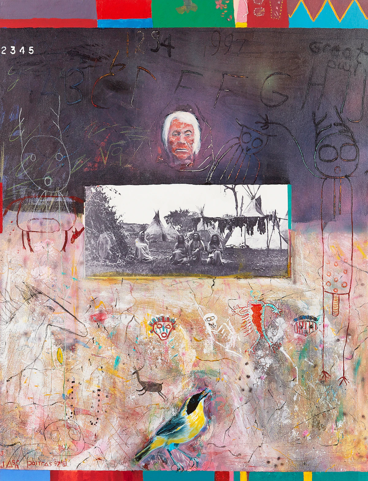 Jane Ash Poitras, Millenium Vision, mixed media and oil on canvas, 1997