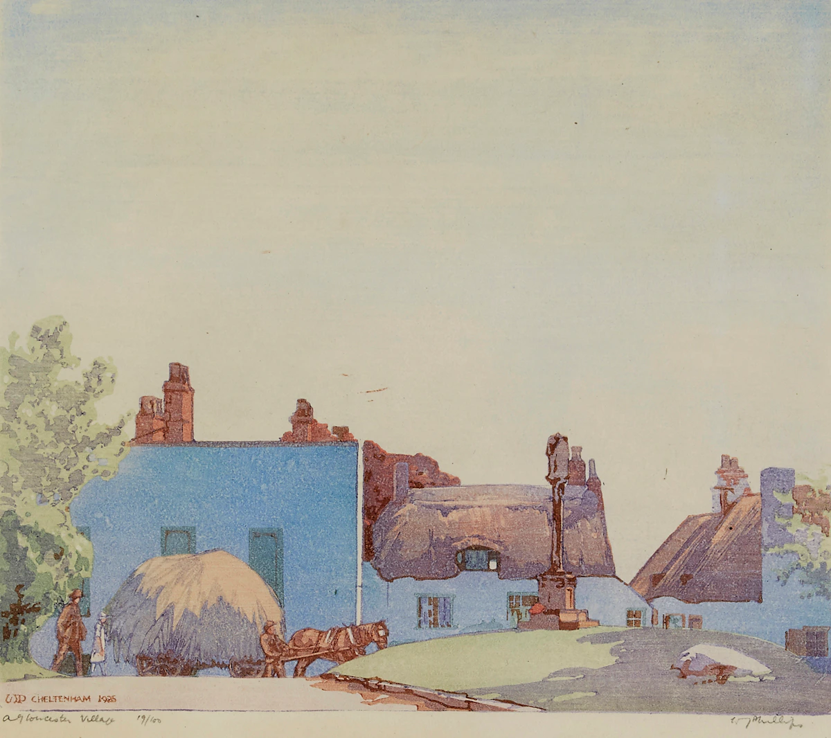 Walter Joseph Phillips, A Gloucester Village, woodblock in colours
