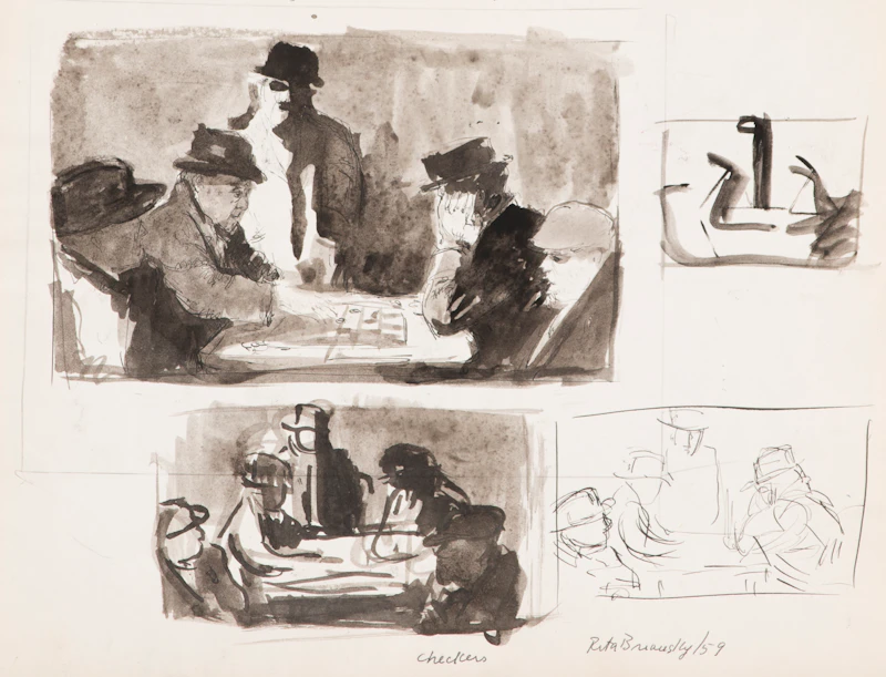 Rita Briansky, Joseph Sketching; Shoppers; Checkers; The Field, assorted media on paper (4) - view 2