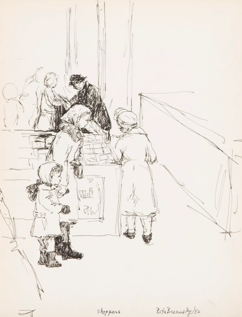 Rita Briansky, Joseph Sketching; Shoppers; Checkers; The Field, assorted media on paper (4) - view 3