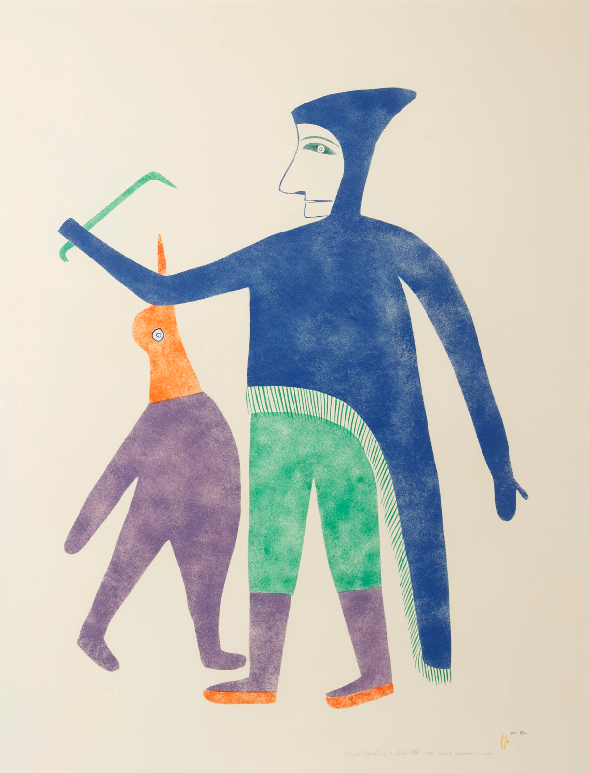 Jessie Oonark, Inuk Catching a Bird, colour stencil, 1981