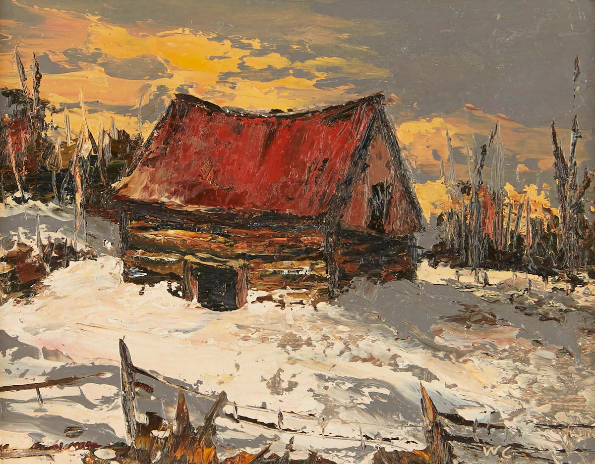 Wilf Frank Griffiths, Log Barn Near Ottawa; Trees in Winter Newmarket, pair of oils on board