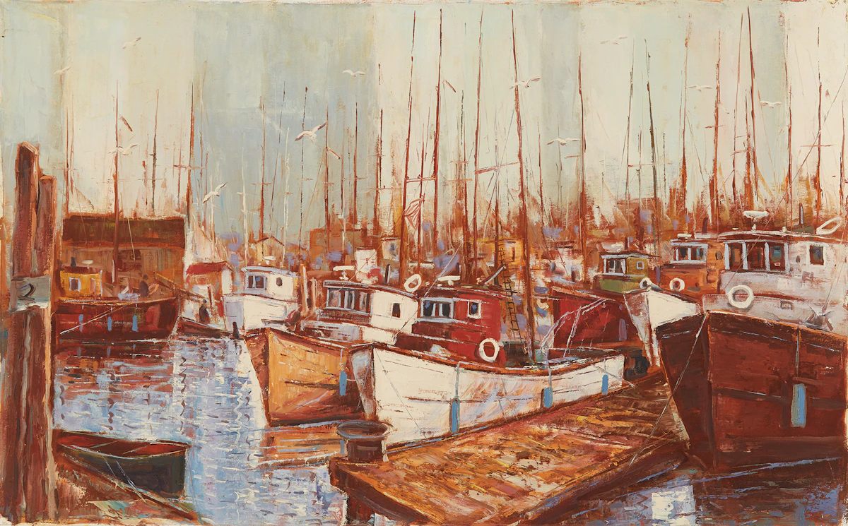 Julius Gyula Marosan, Boats in the Harbour, oil on canvas