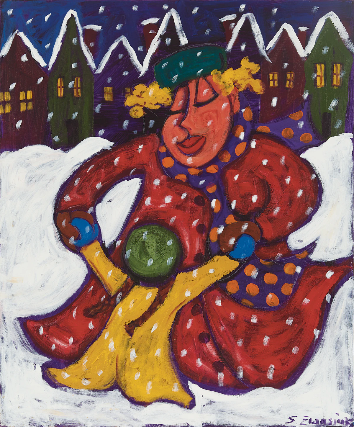 Sandee Ewasiuk, Mother and Child Playing in the Snow, acrylic on canvas