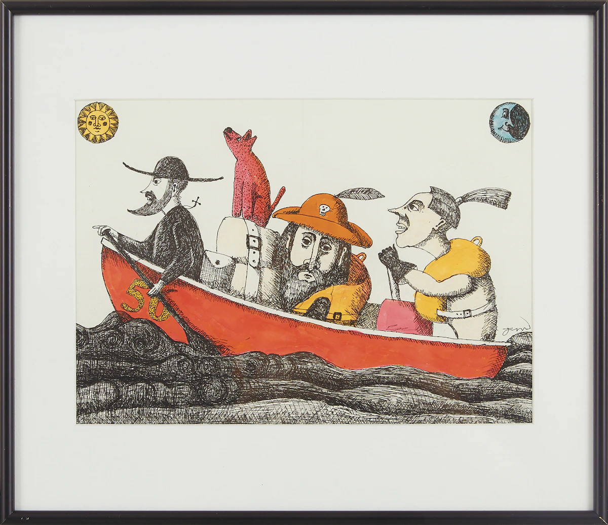 Jim Ireland, A Hard Day of Paddling, ink on paper
