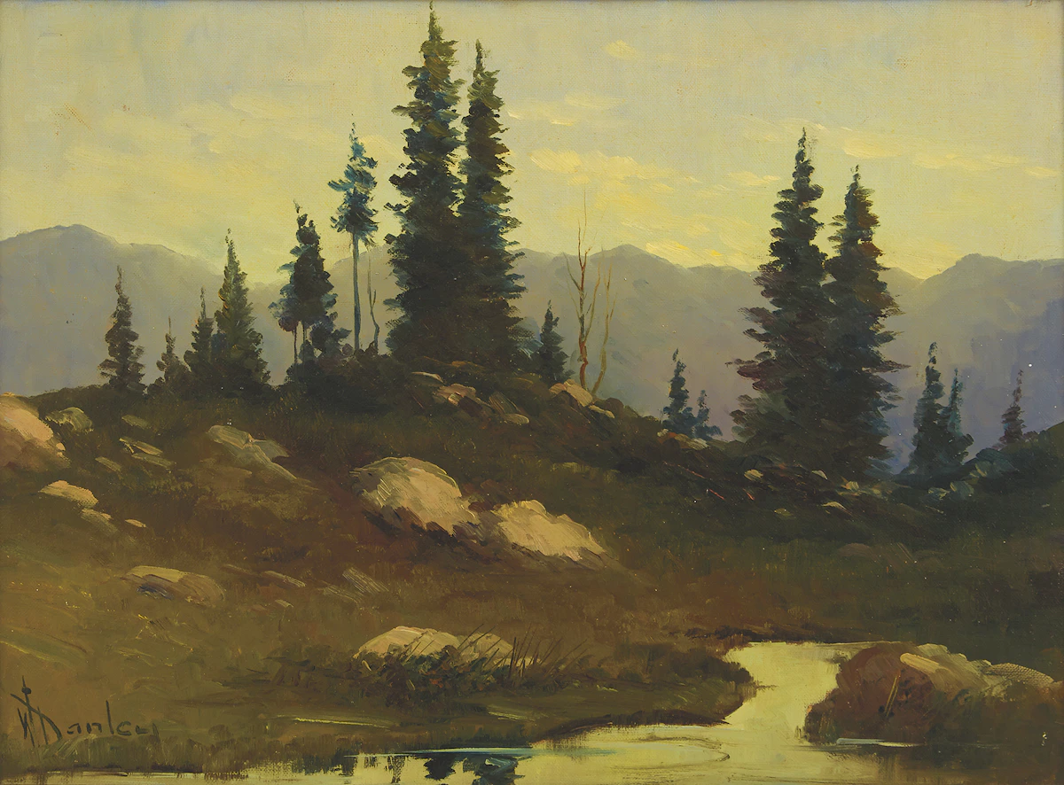 William Stanley, Tree-lined Creek, oil on canvas board