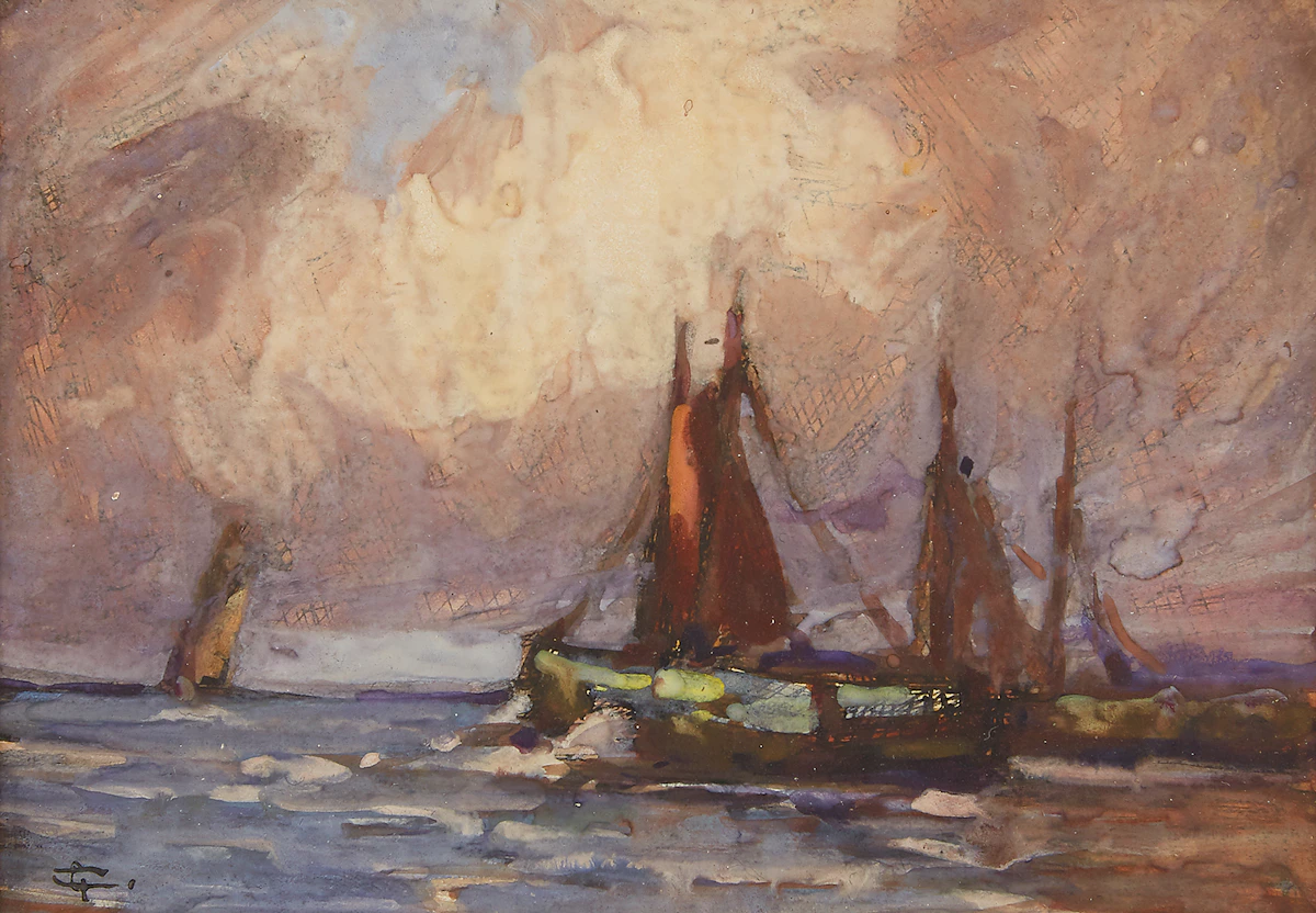 Georges Chavignaud, Ships at Sea, pastel