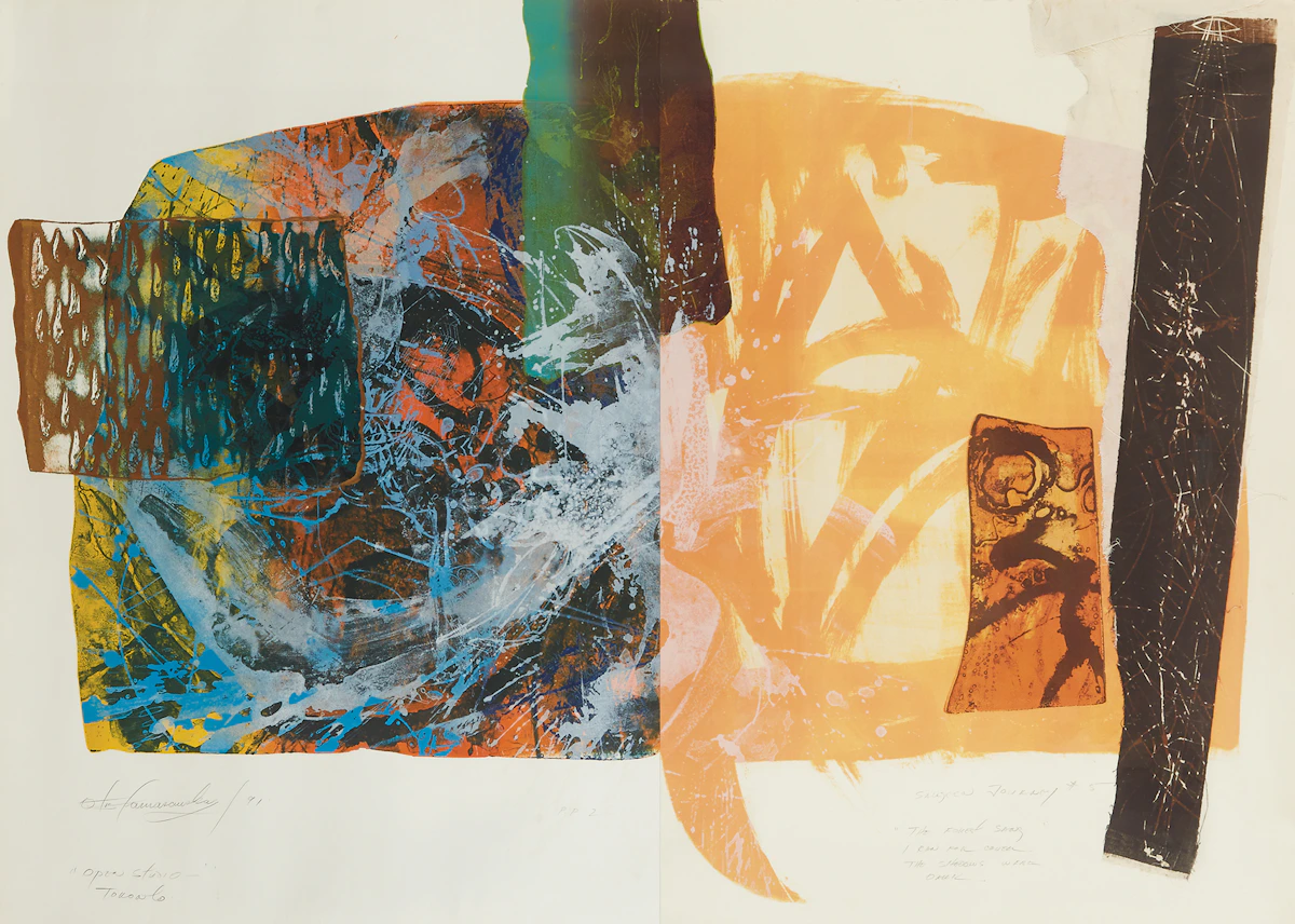Otis Tamasauskas, Saugeen Journey #5, colour lithograph and collage, 1991