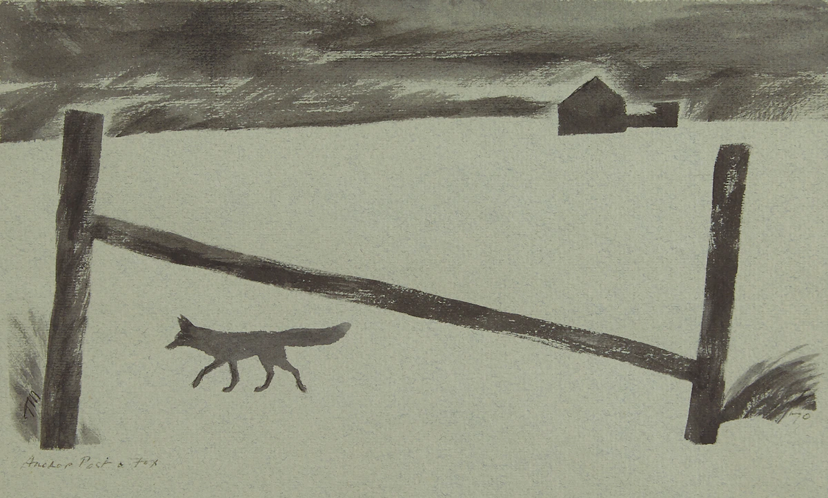 Thoreau MacDonald, Anchor Post and Fox, ink and wash, 1970