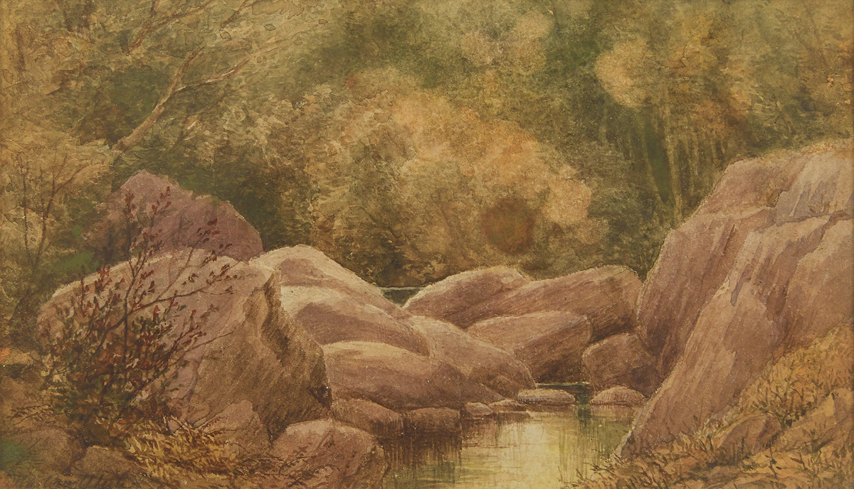 George Harlow White, Rock with Stream, watercolour