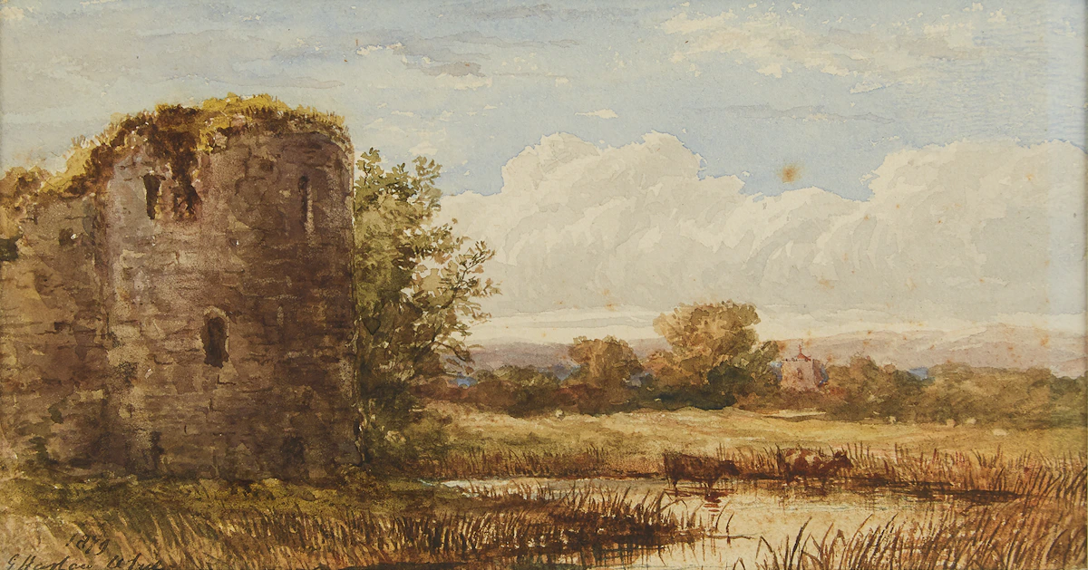 George Harlow White, Cattle Wattering by Old Fortification, watercolour, 1879