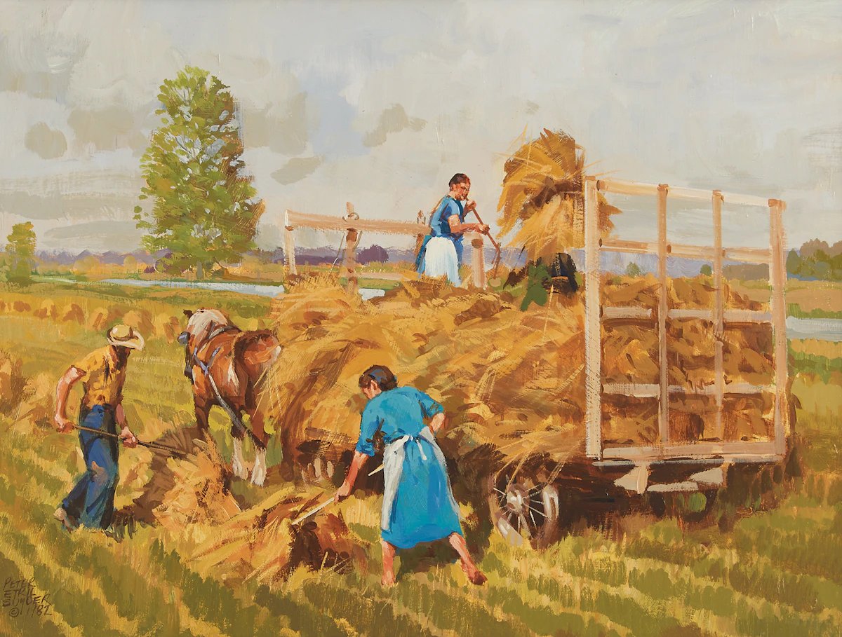 Peter Etril Snyder, Amish Family at Harvest, oil on board, 1982