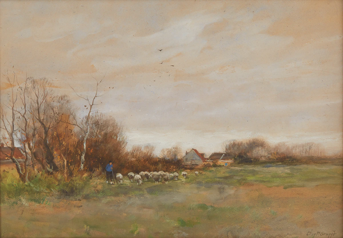 Charles Paul Gruppe, Pastoral Landscape with Sheep, watercolour