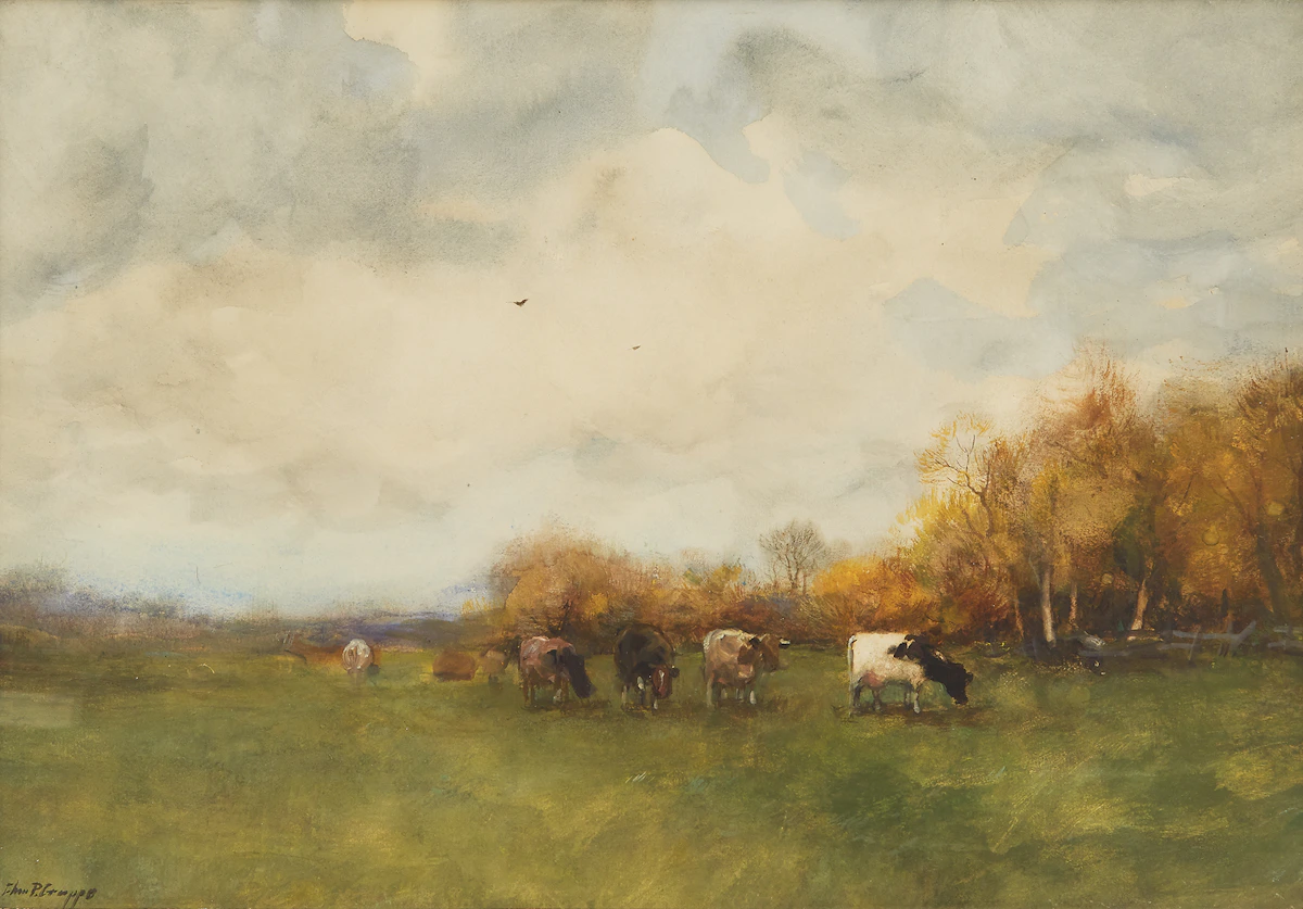 Charles Paul Gruppe, Grazing Cattle in Fall, watercolour