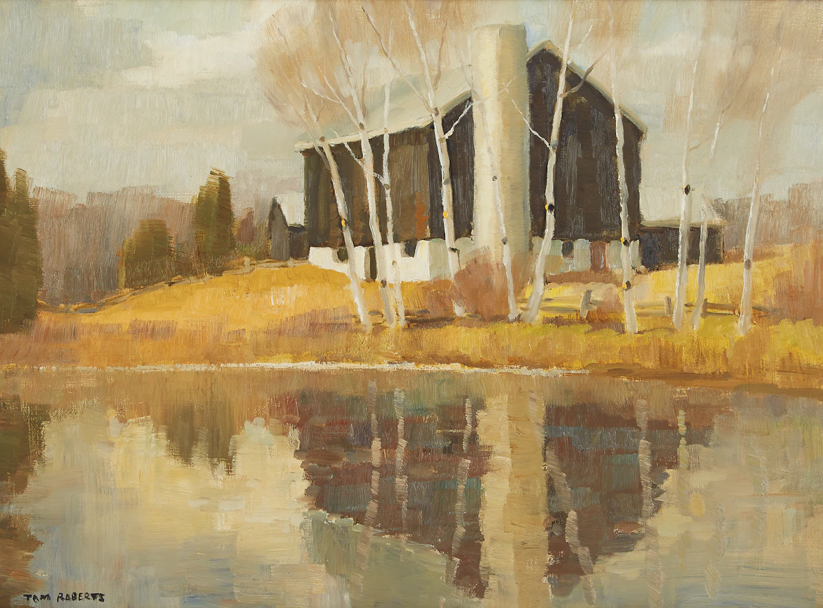 Thomas Keith Roberts, Barn Near the Pond, oil on board