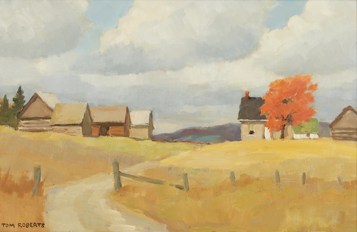 Thomas Keith Roberts, Farm with Red Maple, oil on board