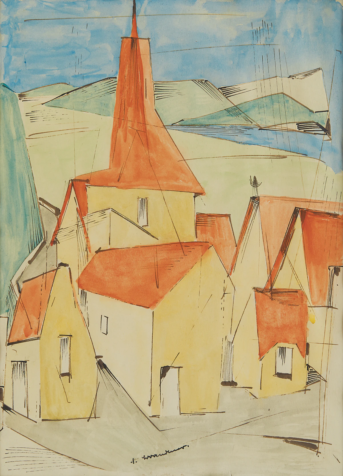 Fritz Brandtner, Village, watercolour