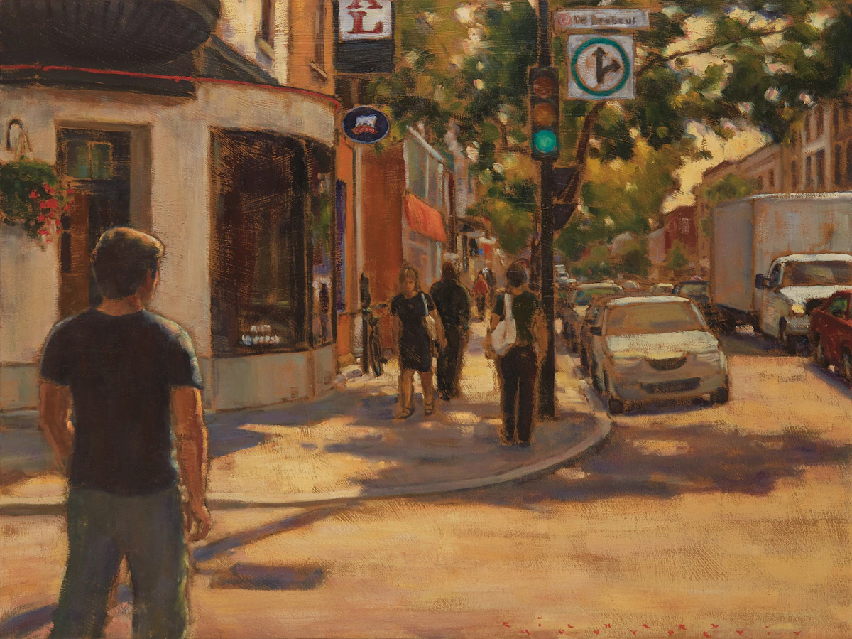 Richard Montpetit, Le soleil de retour, rue Mt. Royal, oil on canvas, 2007