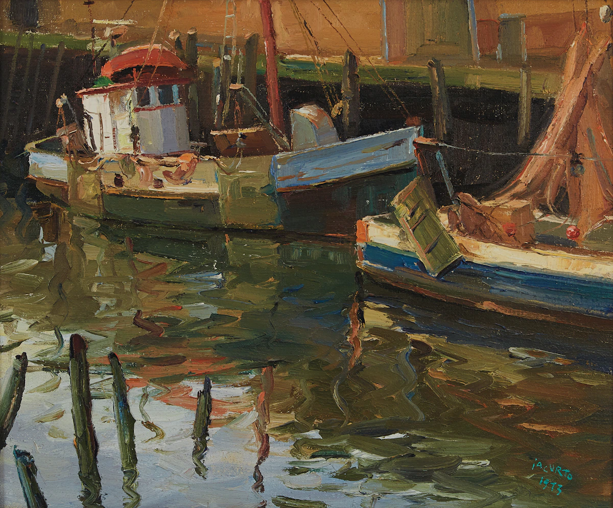 Francesco Iacurto, Harbour Scene, oil on canvas, 1973
